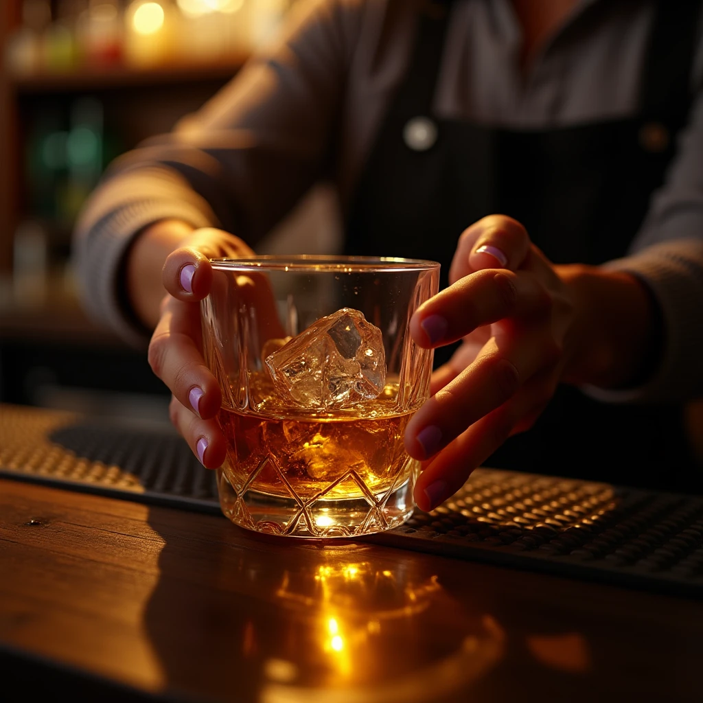 Angle from directly above, shot bar counter, rocks glass with whiskey, glass held out by female bartender's hand, realistic, precise, masterpiece