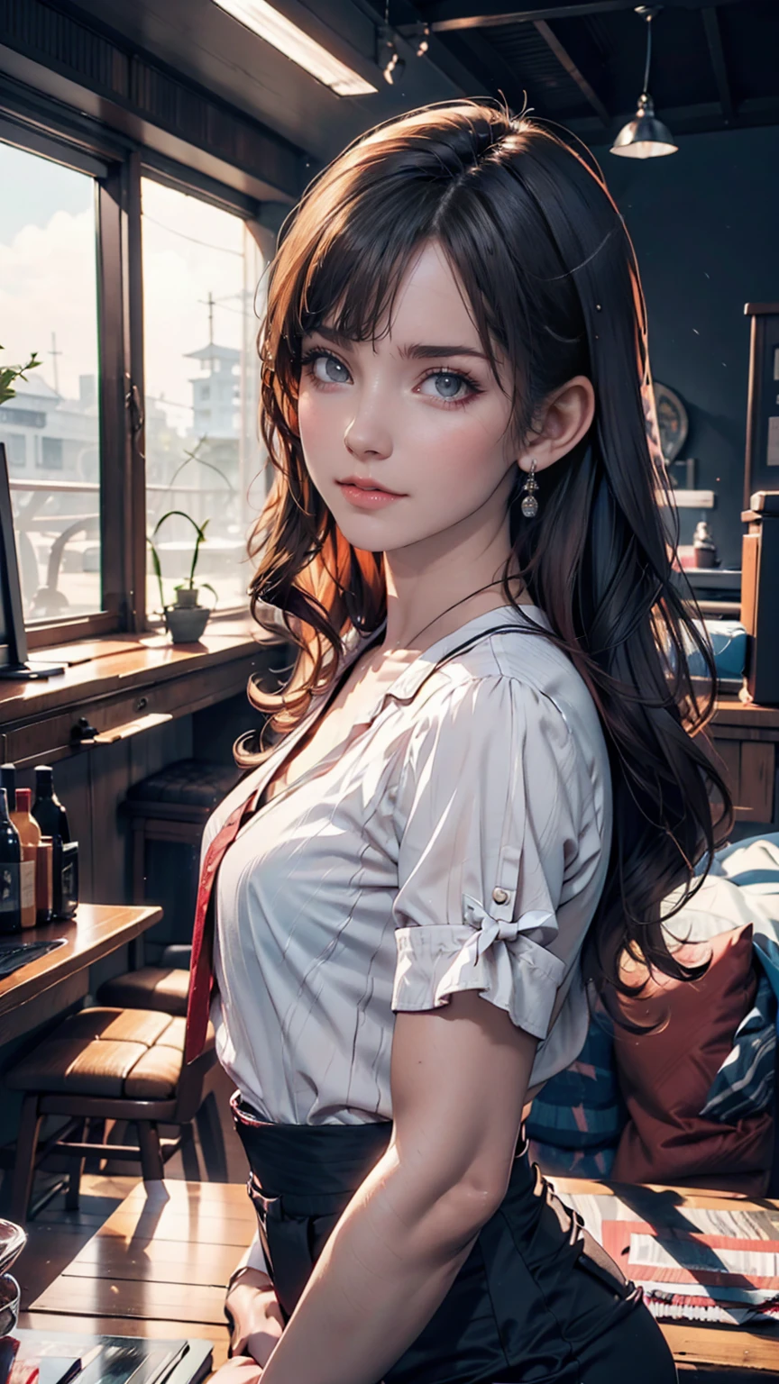 One girl, Colorful Themes, Synthwave Sky,(最high quality, high quality, High resolution), Realistic, Very detailed, Very detailed顔の特徴, Absurd, Realistic lighting and reflections, Very detailed顔の特徴, See-through shirt, Best Photos,high quality illustration