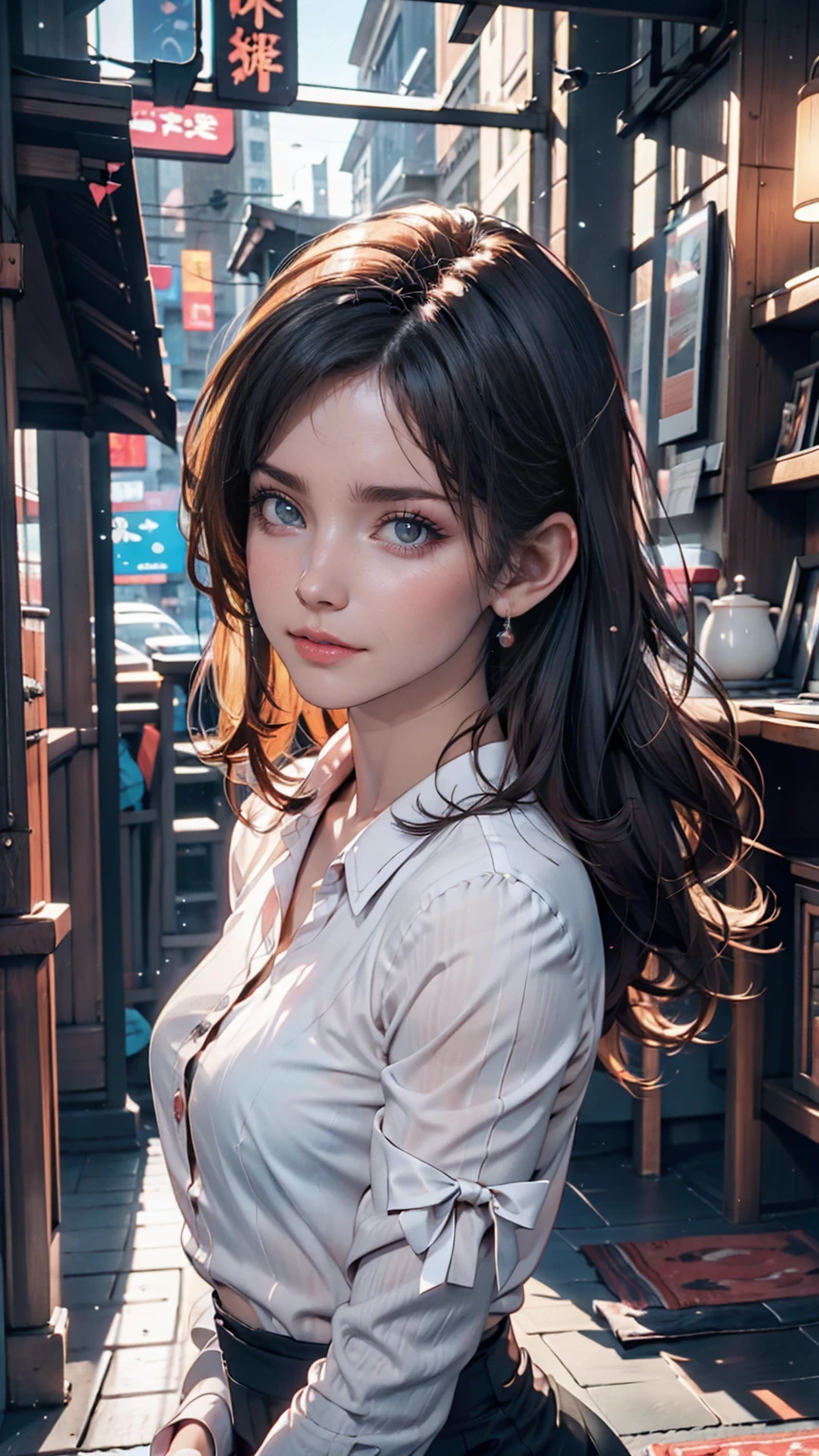 One girl, Colorful Themes, Synthwave Sky,(最high quality, high quality, High resolution), Realistic, Very detailed, Very detailed顔の特徴, Absurd,  Realistic lighting and reflections, Very detailed顔の特徴, See-through shirt, Best Photos,high quality illustration
