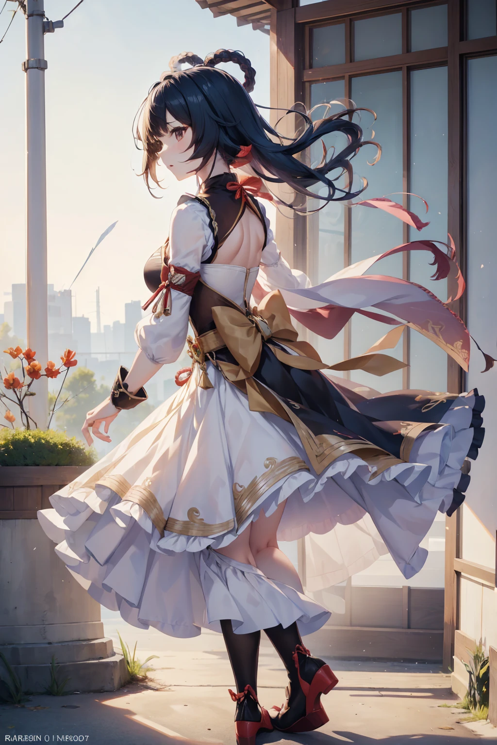 shenhe from Genshin Impact, low-angle shot, long skirt, holding down her skirt as it is being blown by a strong wind, the wind reveals her white cotton panties, high quality, masterpiece, ultra-fine illustrations, detailed background, realistic lighting, dynamic pose