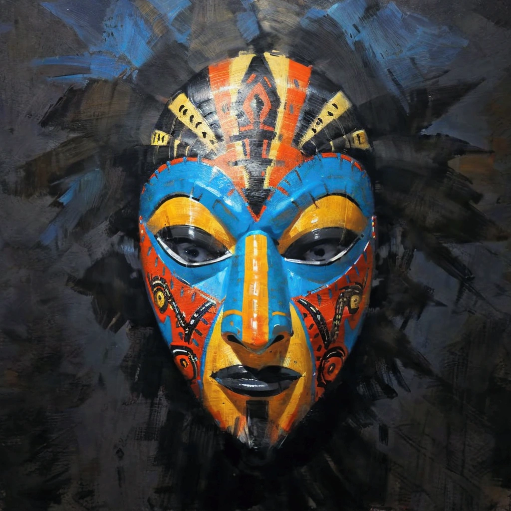 Wall Painting of african traditional,tribal mask,colourful aesthetic ,a close up of a mask tribal mask, african mask, tribal mask inside mask, detailed mask, african god mask, mask, west africa mask patterns style, tribal masks shaman, ornate mask