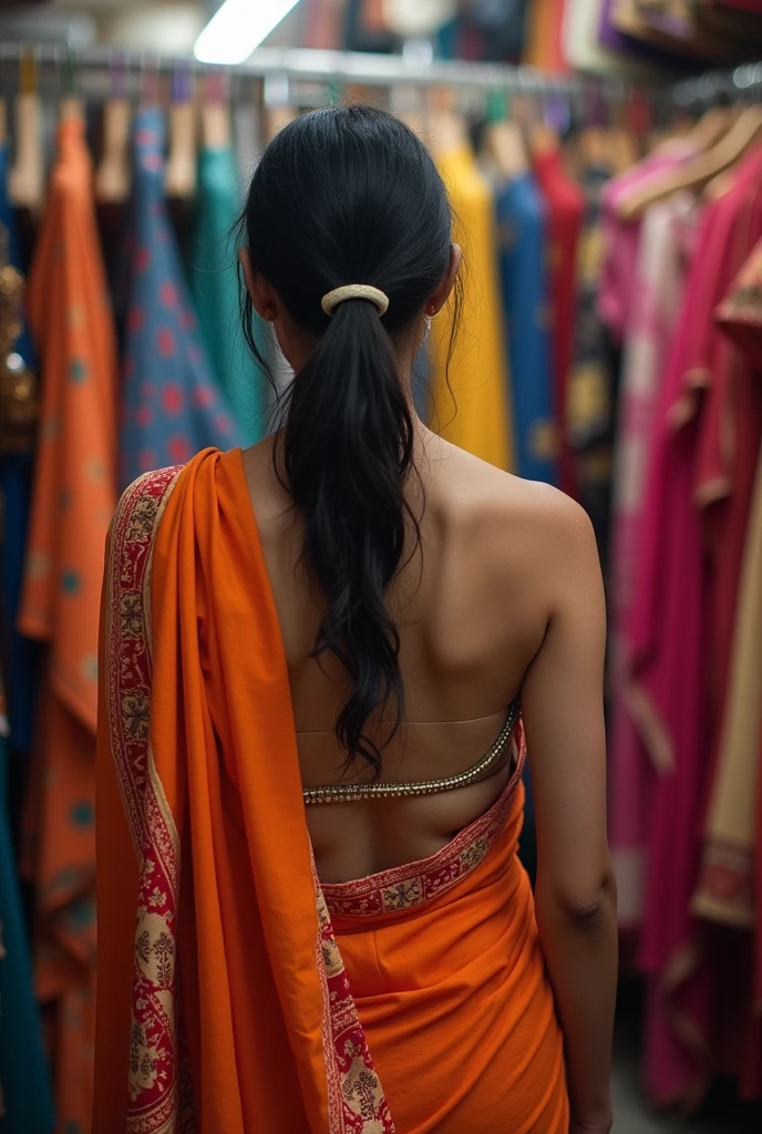 Woman buying saree in the market, naked 