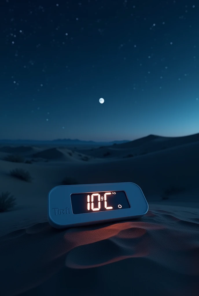 Night time on desert with a digitalthermometer showing 10°c