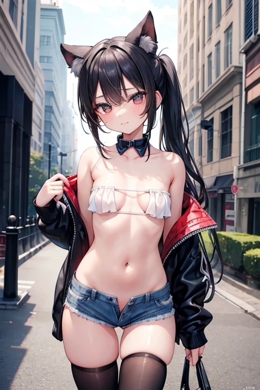 (masterpiece), Highest quality, One girl, 8-year-old, Cute girl, Brat, Flat Chest, Black Hair, Very long hair, Hair not tied up, View your viewers, She is wearing a bright red leather collar.,
Not wearing a bra, Strapless clothing, White lace outfit, Nipples protruding from clothing, Erect nipples covered with lace frills, Belly button, Breasts protruding, Expose the clavicle,
denim micro mini shorts, Extremely low cut shorts, Extremely low rise shorts, Ultra-short shorts that show off your V-line, Expose your hips, Not wearing panties, I can't see the strings of her panties around her waist..,
Shorts are unbuttoned, She unzips her shorts, Open the front of your shorts, She pulls down her shorts, She has taken off her shorts so you can see her crotch, her pussy is visible, She purposely shows off her pussy, I can see the crotch lines, she has no pubic hair,
White thigh-high socks, Walking around town, Standing in a crowd,