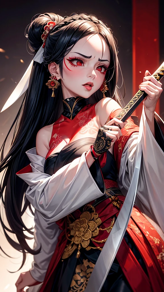 “A high-resolution wallpaper featuring a woman with long black hair styled in an updo, illuminated with side lighting that casts half of her face in shadow. She is wearing a white kimono adorned with red floral patterns. Her face, adorned with red eyeshadow and red lipstick, reveals striking red eyes. She has tattoos extending from her face to her arm. She wears traditional hair accessories and earrings. She holds a silver, gleaming katana in front of her face, with the blade catching the light. The overall mood is intense and dramatic."tooth, Sticking out tongue, Sticking out tongue, Heavy breathing, Background blur, Character profile,