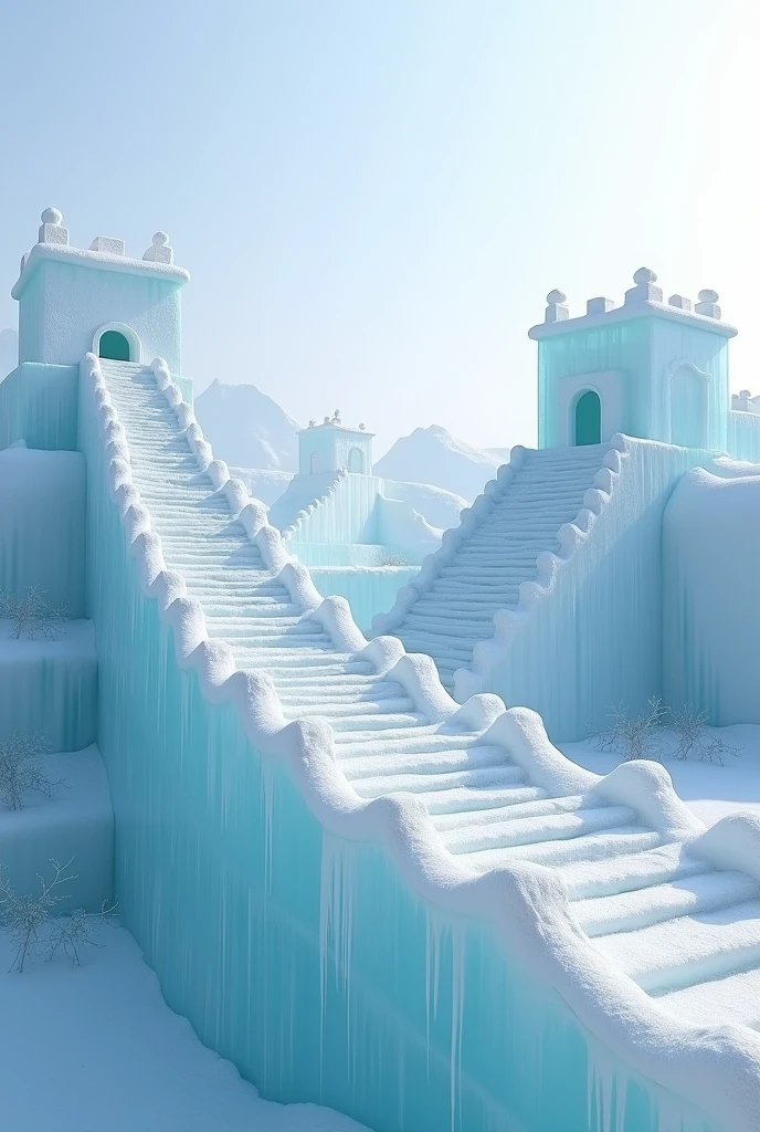 Ice cube platform，The Great Wall of China made of ice in the near distance（No snow）Horizontal direction，Left and right direction，In the distance is the Wuhan Yangtze River Bridge made of ice。The Great Wall can be climbed