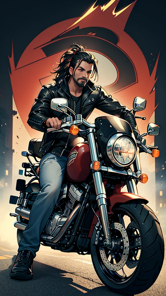 {Front view} of a man riding harley davidson nighster. Straight pose. Full body