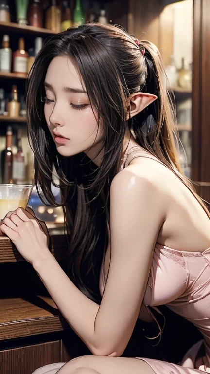 (masterpiece, best quality), A sexy fair-skinned female elf princess and big eyes and long ear is in a medieval fantasy world:1.0、 (at the bar:1.1), High forehead, long hair without bangs tied into a ponytail:1.0, harem, night, Detailed aspects, seduce 、Large Breasts、Big Ass、Wide waist、(Expose breasts1.0),((Looking sadly innocently into the camera:1.8))((crying :1.6)))
full-body shot:1.7
(Wearing sexy fantasy world costume,the costume is broken:1.3)
(Wearing Magic witch costume）
（There are scars on clothes：1.8）
(The costume is very sexy,show a sexy weist:1.4)
Light golden and gray hair:1.4
((feel pain:1.7))((Frowning and wanting to moan:1.7)) (almost close eyes:1.5)

Lie on the chair:1.6
Show armpits：1.1
Open the month slightly:1.7
Beautiful leg:1.2

eyebrows curved downward：1.2