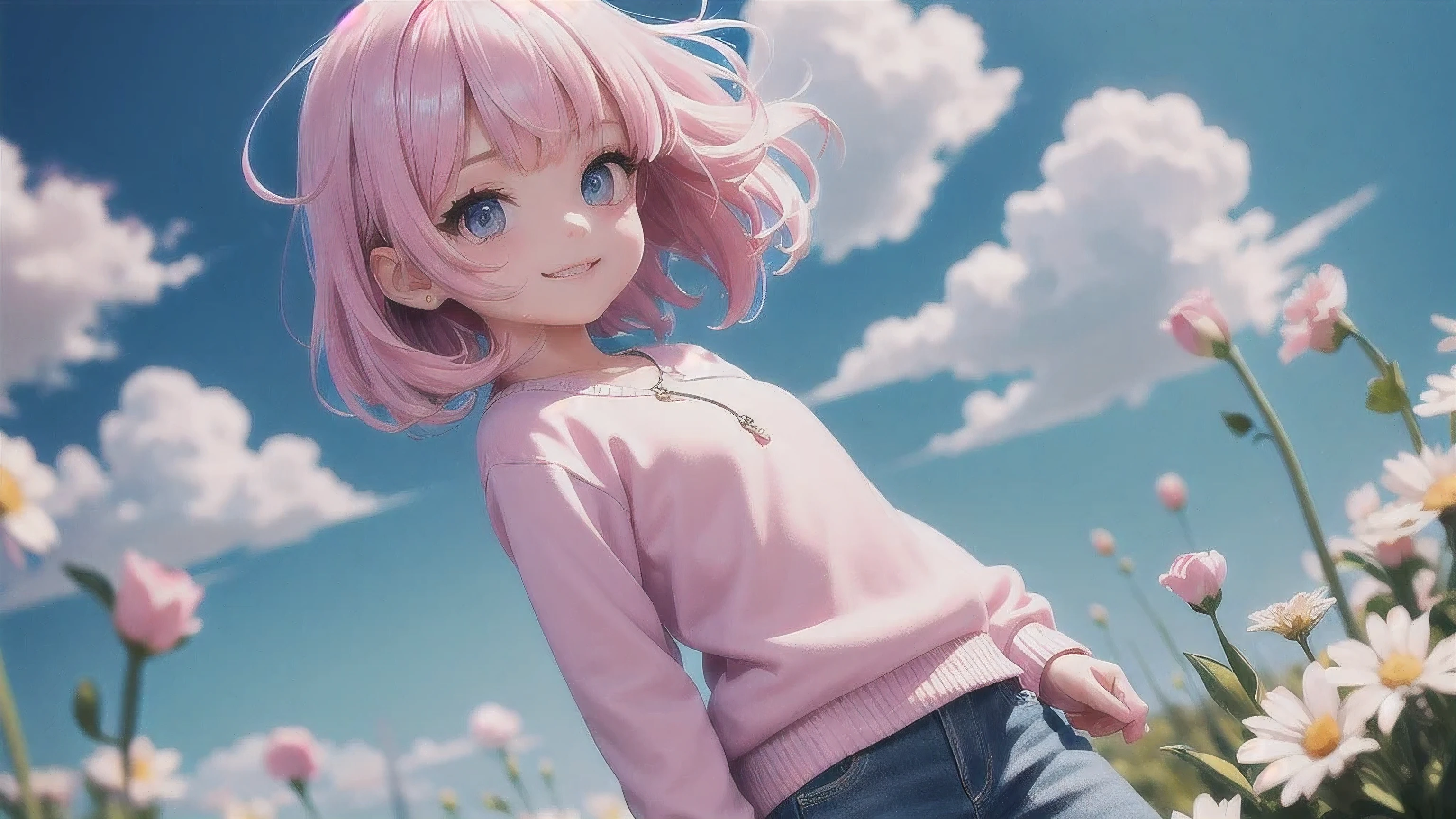 1 cute boy, (lettle boy), cute and adorable, kawaii, light pink hair, shiny hair, shiny pink gradation eyes, large eyes, (fighting), happy smile, light blue with white cloud pastel colored sweater, jeans, standing, beautiful many flowers background, background blur, cowboy shot, from front, break, detailed face, detailed eyes, detailed hair, best quality, high quality, absurd-resolution, super fine illustration, 8k quality, masterpiece,