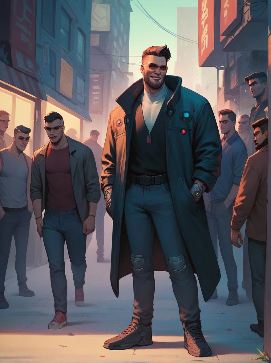 7 boys many different, dressed differently, in a street, some taking, perfect faces, many different, 7 boys, various skin colors each different from each other, Superheroes, cyberpunk 