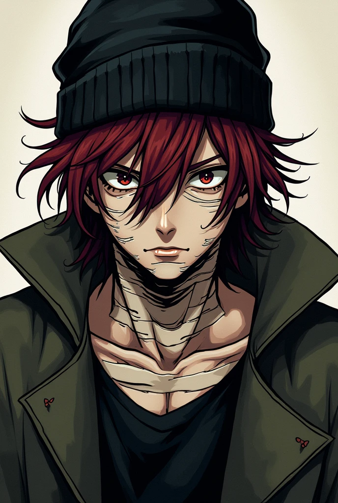 Man with a black beanie hat on his head,maroon hair,empty eyes of a killer, serious face,jujutsu school clothes from jujutsu kaisen and bandages all over the body with comic style art full body image
