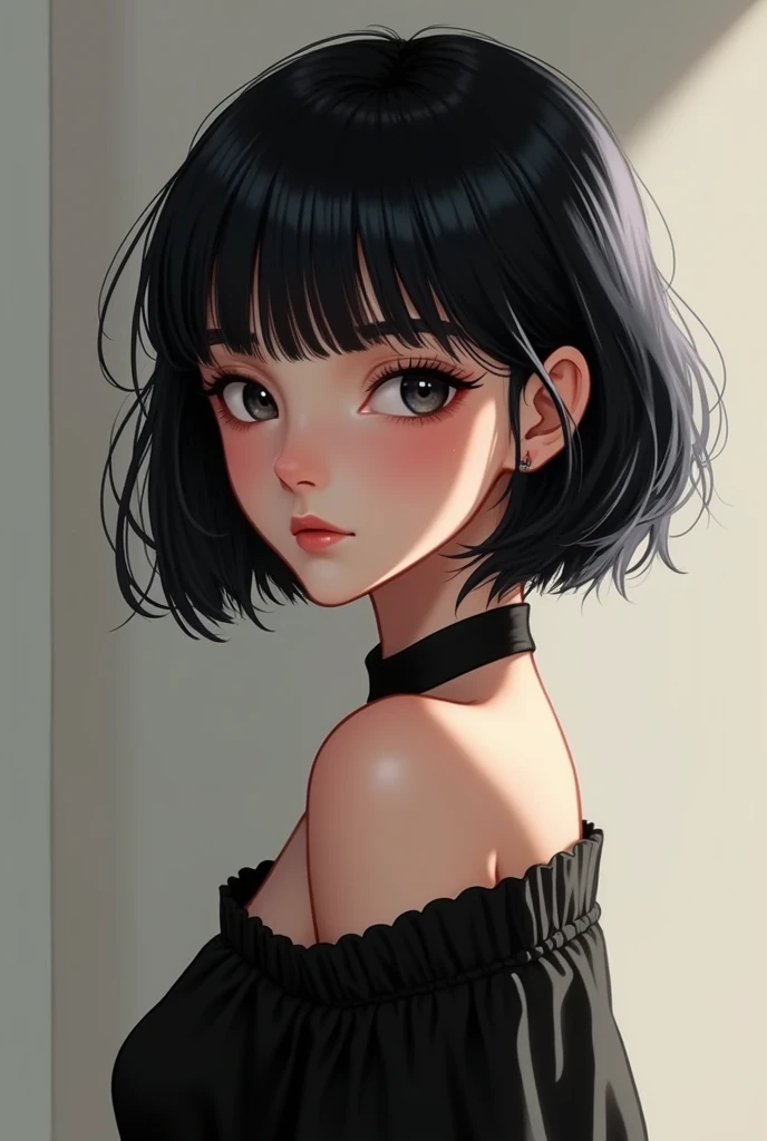 Character boy 13 to 15 years old, androgynous face, handsome, black bob hair