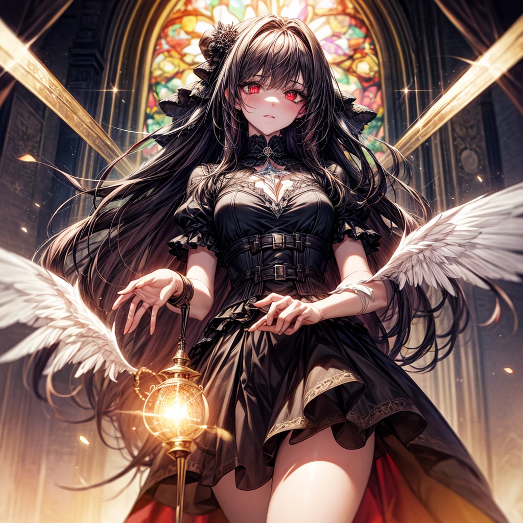 quality,8k,Highly detailed CG unit, masterpiece,High resolution,top-quality, real texture skin,Surreal,Increase the resolution,RAW Photos,最高quality,Very detailed,From below,Cool Beauty,Glamour Women, Cute pose,Gothic_dress,Red accent embroidery,long hair shining white, Mysteriously glowing crimson eyes, Queen, world, Crystal Flower,Sparkling stained glass like a kaleidoscope,Majestic cathedral,Layered skirt with details, Detailed embroidery, Very layered ruffles, Detailed Texture,A geometric magic circle above your head,Ornamented silver staff,hidden Forbidden Sanctuary,