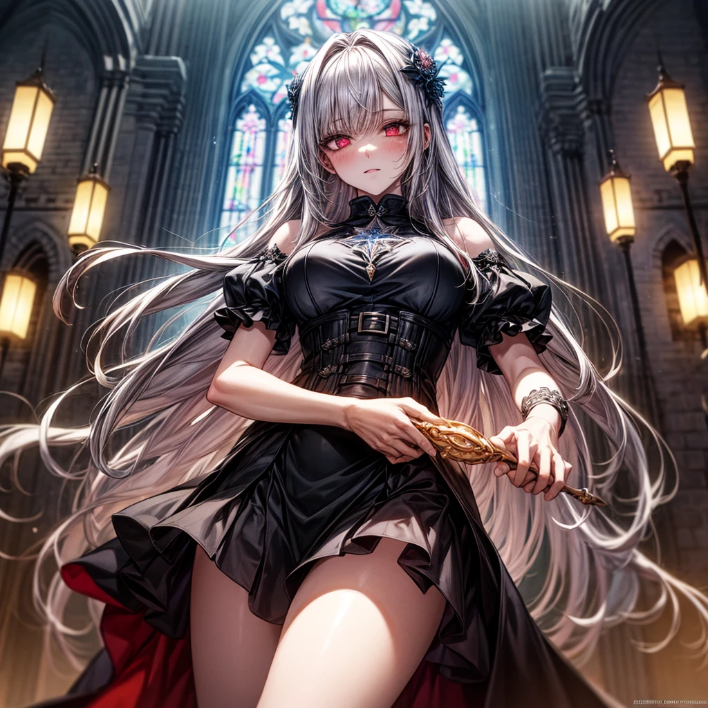 quality,8k,Highly detailed CG unit, masterpiece,High resolution,top-quality, real texture skin,Surreal,Increase the resolution,RAW Photos,最高quality,Very detailed,From below,Cool Beauty,Glamour Women, Cute pose,Gothic_dress,Red accent embroidery,long hair shining white, Mysteriously glowing crimson eyes, Queen, world, Crystal Flower,Sparkling stained glass like a kaleidoscope,Majestic cathedral,Layered skirt with details, Detailed embroidery, Very layered ruffles, Detailed Texture,A geometric magic circle above your head,Ornamented silver staff,hidden Forbidden Sanctuary,