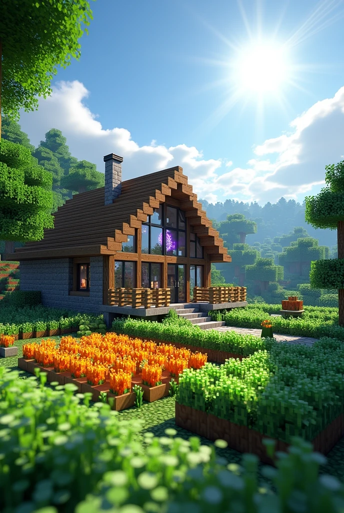 Create an image of a Minecraft house set in a lush, green landscape. The house is made of wood and stone, with a cozy design featuring large glass windows and a sloped roof. Adjacent to the house is a well-organized farm with crops like wheat, carrots, and potatoes growing in neat rows, surrounded by a wooden fence. Near the house and farm, include a Nether Portal made of obsidian, glowing with its signature purple aura. The sky is clear with a bright sun overhead, casting soft shadows on the ground. The entire scene should feel vibrant and full of life.