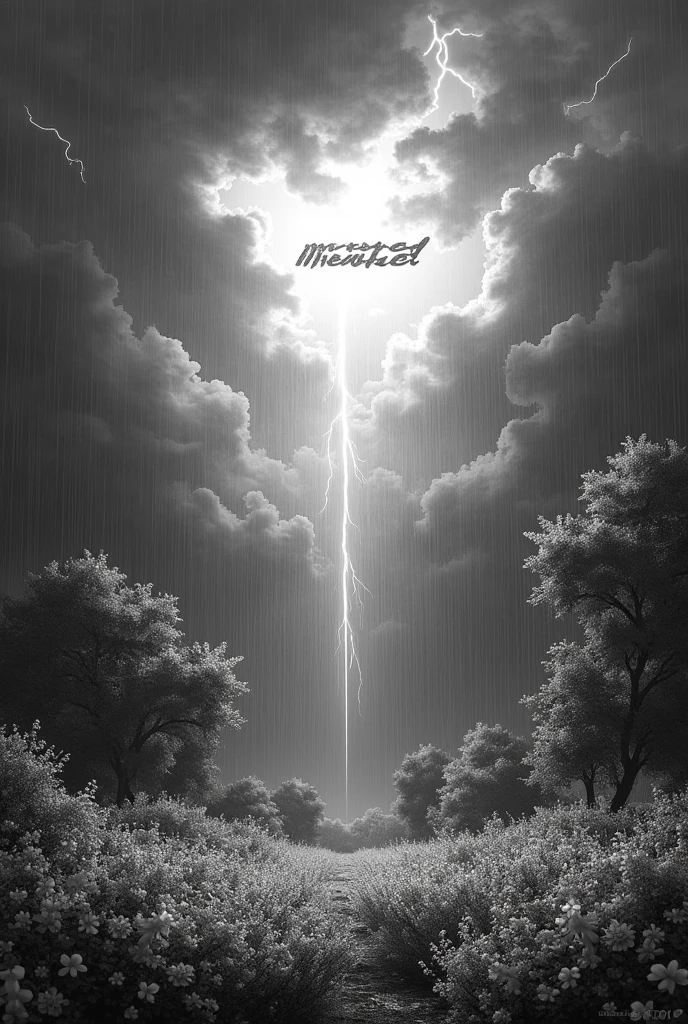 The word mixed weather should be in the picture. Rain, Sun and lightning in the sky. Flowers below. In black and white.