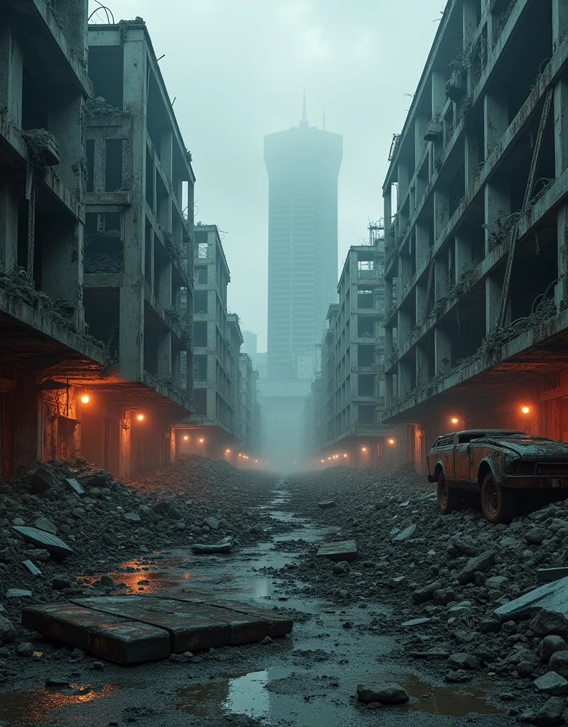 a dilapidated city in the aftermath of apocalypse, dystopian urban landscape, crumbling buildings and rusted vehicles, debris and rubble scattered, dark grungy concrete textures, shattered glass, jagged cracks and fissures, glowing lights in the darkness, dark moody color palette of grays and deep reds, hints of muted and iron grays, world-ending devastation, photorealistic, 8k, highest quality, cinematic lighting, concept art style