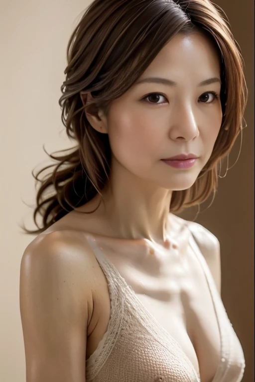 Highest quality, Realistic, Perfect Human Anatomy, Very detailed, Very delicate and beautiful, RAW Photos, Professional Lighting, illumination, Written boundary depth, Single Focus, whole body, Skinny Japanese woman, 50-year-old woman, Brown Hair, Small Head, Beautiful Eyes, True Face, Realistic skin, fine grain, (Fashionable hairstyles: 1.3),Bust Emphasis、((No background))
