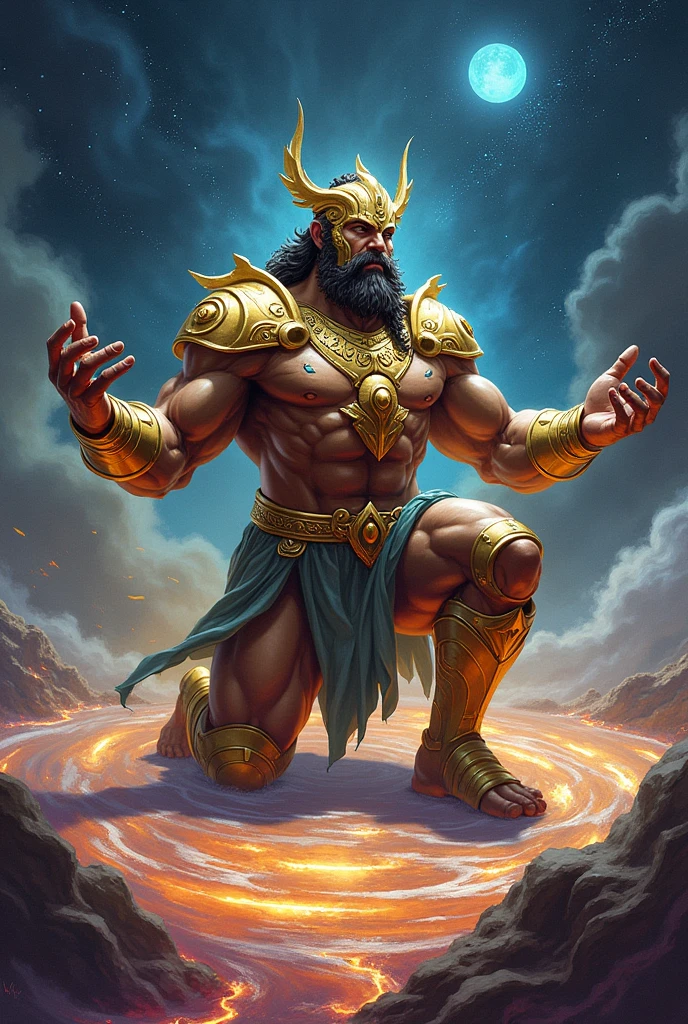 A muscular figure representing a deity, adorned with golden armor and a headdress, kneels on a colorful, swirling planetary surface. In one hand, he holds miniature figures, while his other hand gestures forward. The background features a starry sky and a distant blue planet, creating a cosmic atmosphere. The overall color palette blends dark space hues with vibrant planet colors, emphasizing the figure's heroic presence