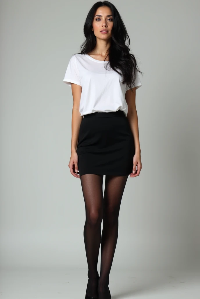 woman 40 years old, black hair long, wearing a black short skirt, black tights and heels, White T-shirt, full-length near the bus