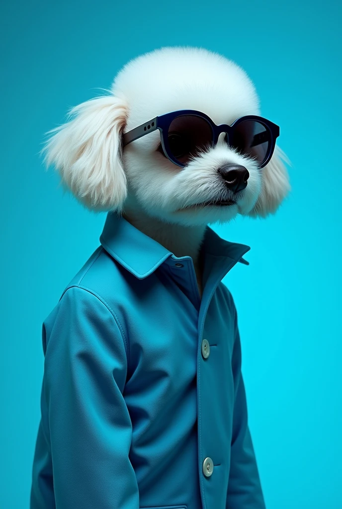 The best cell phone wallpaper, Award-Winning Wallpaper, portrait photography, In the front view is a portrait of a cute dog wearing mid-1960s space age fashion, Side view photo, Shot with Canon EOS R5, Set a strong contrast that accentuates the subject, Fluorescent blue tone, Wearing a very modern coat and sunglasses is a modern 1960s style, Clothes all in one color, beautiful background