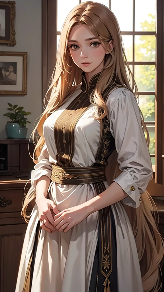 a picture of a woman standing with long blond hair posing over her shoulder, 1girl, long hair, solo, realistic, dress, brown hair