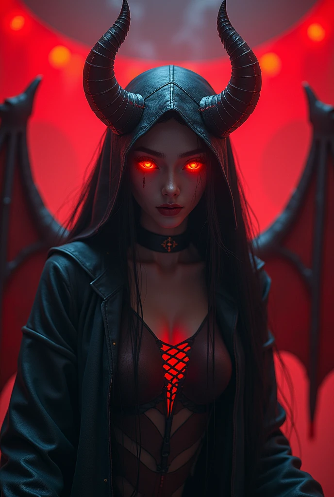 a demonic humanoid woman, night, fall weather, dark, creepy, fire, rain, demonic, glowing red eyes, horror, scary, blood, latex bodysuit, ultra detailed, photorealistic, masterpiece, trending on Artstation.