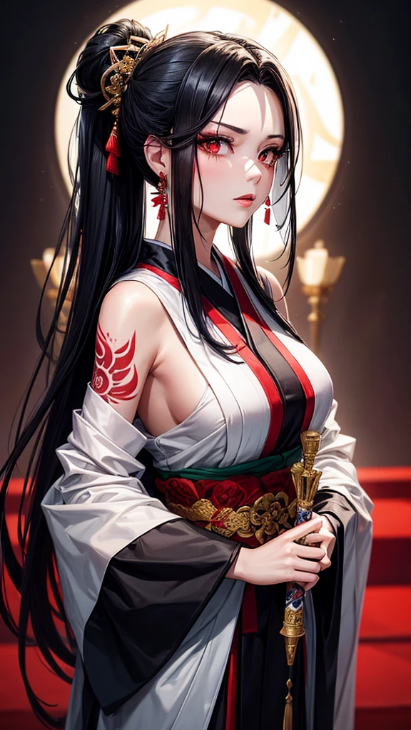 “A high-resolution wallpaper featuring a woman with long black hair styled in an updo, illuminated with side lighting that casts half of her face in shadow. She is wearing a white kimono adorned with red floral patterns. Her face, adorned with red eyeshadow and red lipstick, reveals striking red eyes. She has tattoos extending from her face to her arm. She wears traditional hair accessories and earrings. She holds a silver, gleaming katana in front of her face, with the blade catching the light. The overall mood is intense and dramatic.”, Background blur, Character profile,