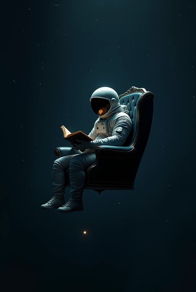 An astronaut sits on a floating chair and reads a book. The astronaut's face is a reflection and cannot be seen.