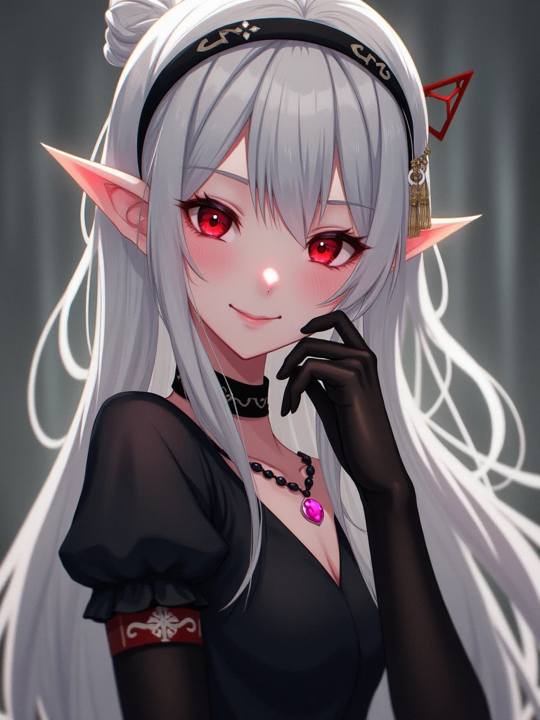 Looking into the camera, the elf girl, wearing a dark dress and outfit, Red eyes, big sweet smile, long white hair tied up, fair skin, masterpiece, wearing a pink gem necklace, wearing black stockings on her hands, wearing a black headband, curvy body posture, low quality, high end quality