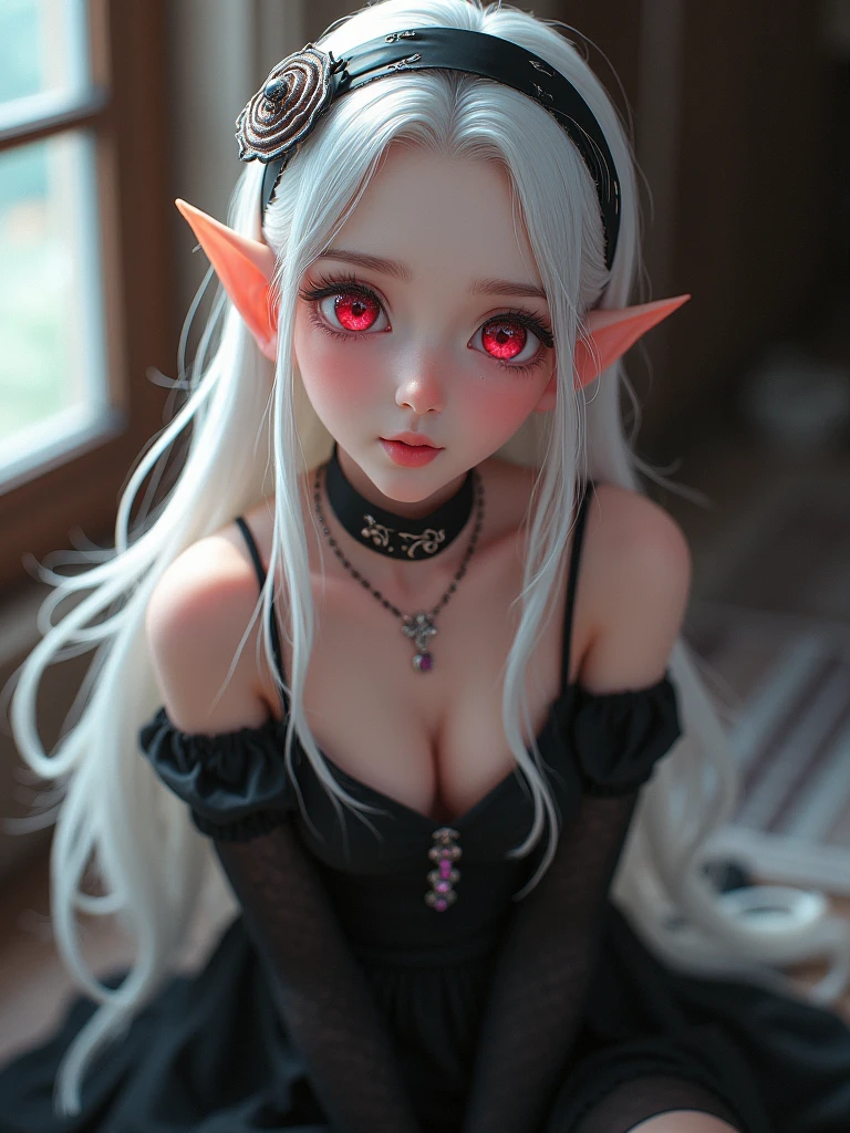 Looking into the camera, the elf girl, wearing a dark dress and outfit, Red eyes, big sweet smile, long white hair tied up, fair skin, masterpiece, wearing a pink gem necklace, wearing black stockings on her hands, wearing a black headband, curvy body posture, low quality, high end quality
