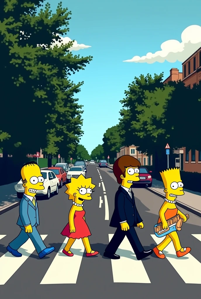 The Beatles crossing the street but Simpsons