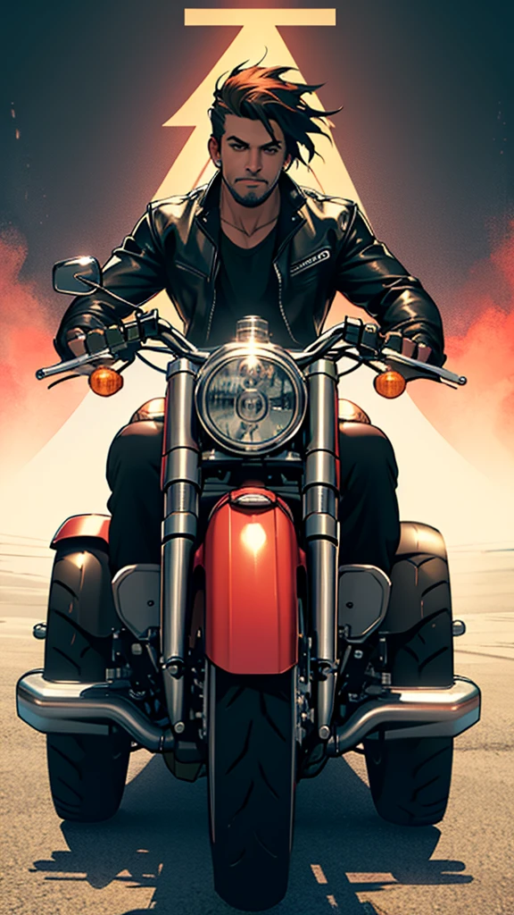 {Front view} of a man riding harley davidson nighster. Straight pose. Full body