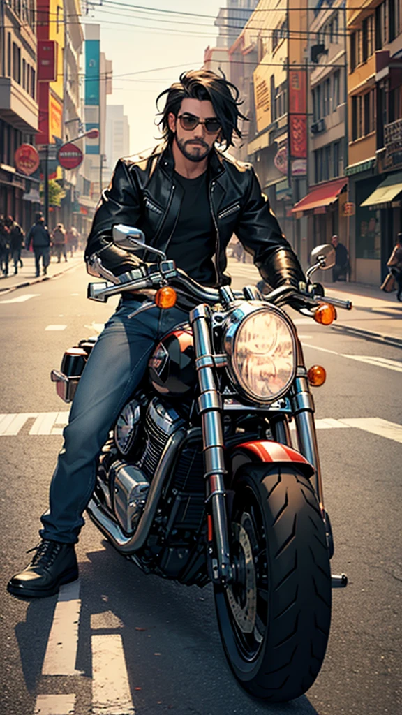 {Front view} of a man riding harley davidson nighster. Straight pose. Full body