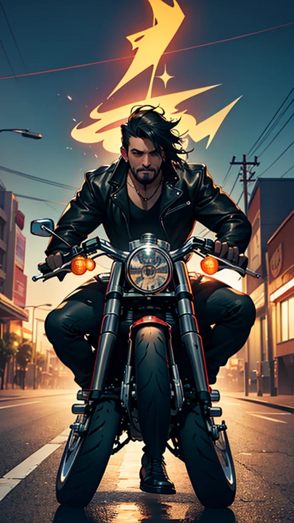 {Front view} of a man riding harley davidson nighster. Straight pose. Full body