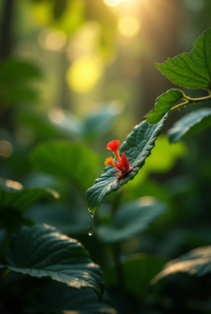 tree leaves and a flower in a heavy jungle in a morning sunshine, water drop