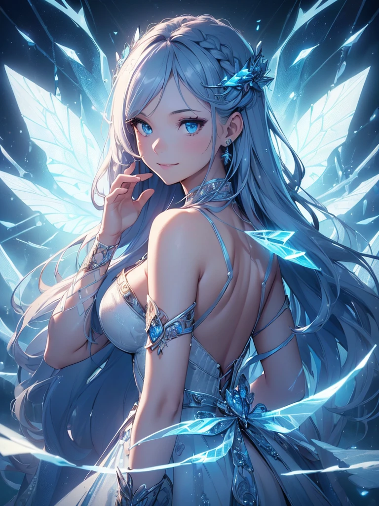 (((best quality, sharp image, clear image, cinematic lighting, 8k resolution, masterpiece, ultra detailed, intricate))) Girl, ((looking over shoulder)), sorcerer, cute, intricate dress, braided hair, smiling, Ice blue, ((intricate background)), (rune frame), dimension, (ice butterflies)