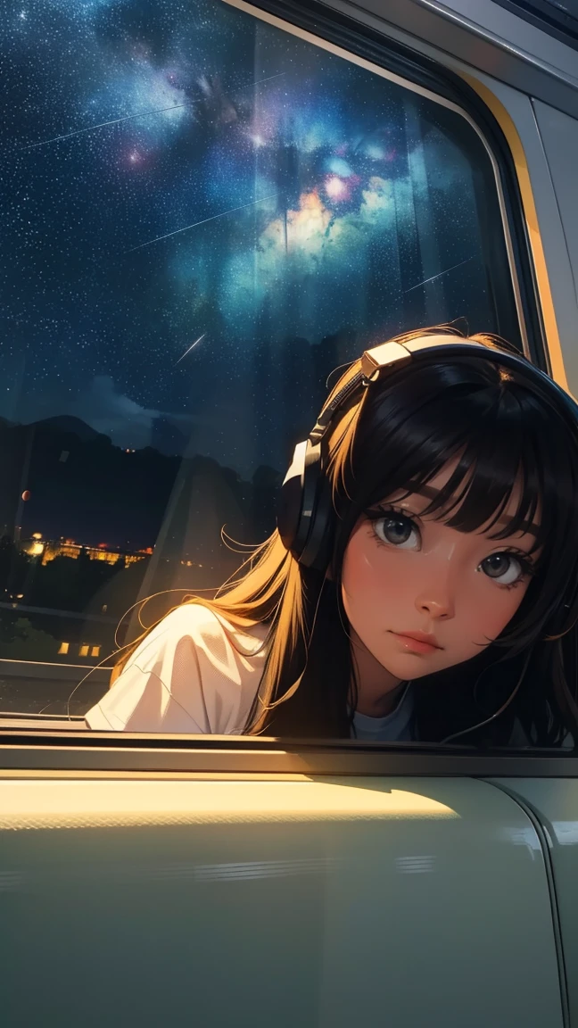 train, Sit by the window, high quality、T-Shirts, Stargazing, His head was stuck in the glass, Put on your headphones, Scenery passing by at high speed, Night Journey, Beautiful starry sky, beautiful girl, UHD Portrait, (, colorful, Long hair in color 🌈