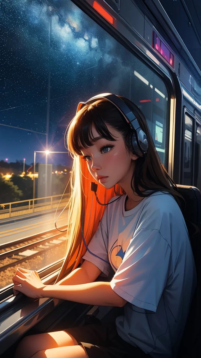 train,  Sit by the window,  high quality、T-Shirts, Stargazing, His head was stuck in the glass, Put on your headphones, Scenery passing by at high speed, Night Journey, Beautiful starry sky, beautiful girl, UHD Portrait, (, colorful, Long hair in color 🌈