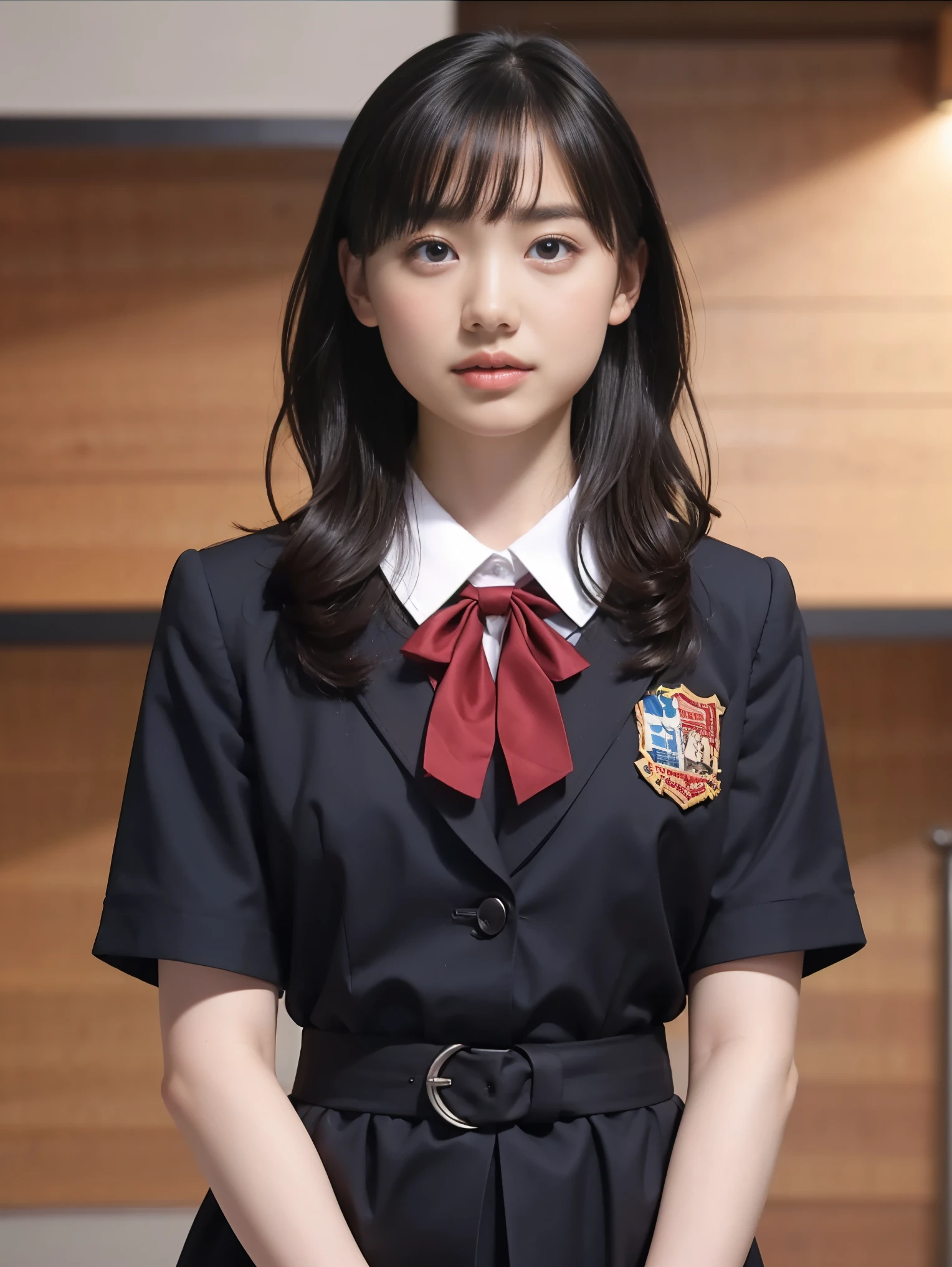 High resolution、High resolution、In 8K、RAW Photos、Highest quality、masterpiece、One teenage girl,  Wavy Hair,Japanese high school uniform, Anatomically correct,bangs、Waist、thigh