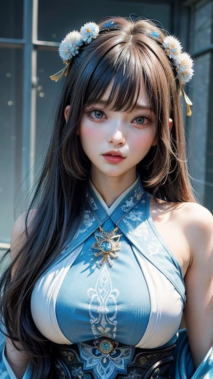 (masterpiece, Top quality, best quality, Official Art, beautiful and aesthetic:1.2), 1 Girl, extreme detailed, Rea, Light blue long hair, Emo, blue Eye, (Abstract, Fractal Art:1.3), highest detailed, detailed_Eye, Light_particle, Hanfu, Jewelry, Sexy, 蓝色Light芒, Large Breasts, Slim waist, Upper Body,Mizuki_Forest, Bangs,