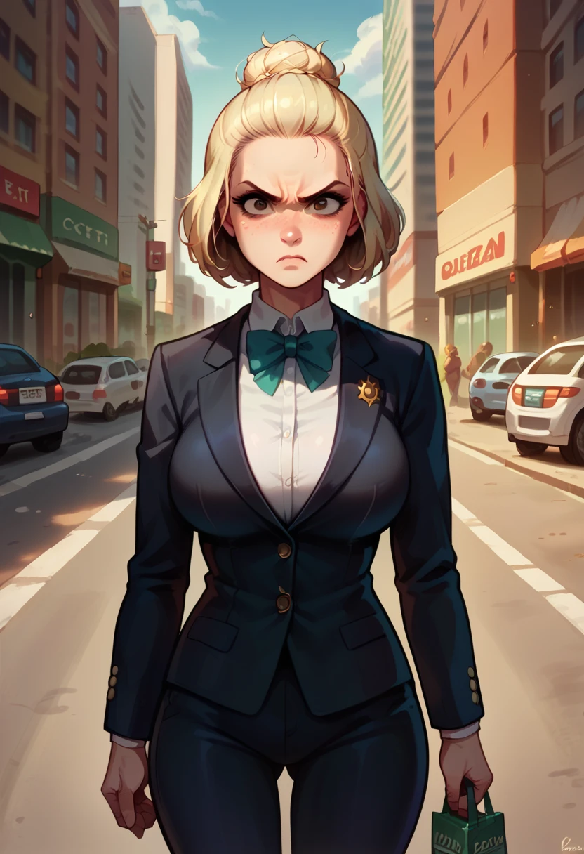 illustration, detailed illustration, ultra detailed, dynamic angle, 1girl, medium blonde hair, hair in bun, big brown eyes, light freckles, cute, large breasts, business suit, determined look, city street
