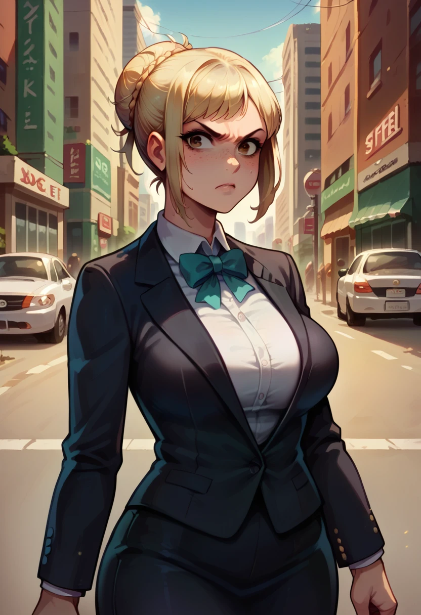 illustration, detailed illustration, ultra detailed, dynamic angle, 1girl, medium blonde hair, hair in bun, big brown eyes, light freckles, cute, large breasts, business suit, determined look, city street
