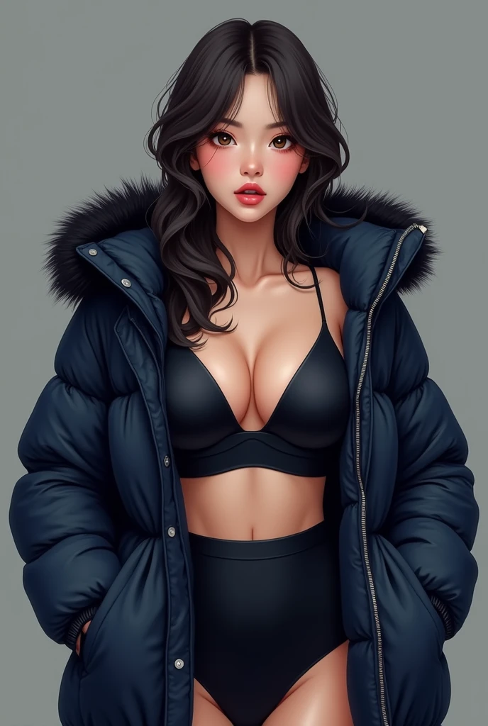 ((best quality)), ((masterpiece)), (detailed), perfect face, beautiful Japanese woman, silk tight navy blue moncler puffer coat, seductive,  aroused, mouth open, ahegao, curvy figure, ((tight puffer coat)), fur hood, silk bra, large breasts, (open coat), cleavage, thick bra straps