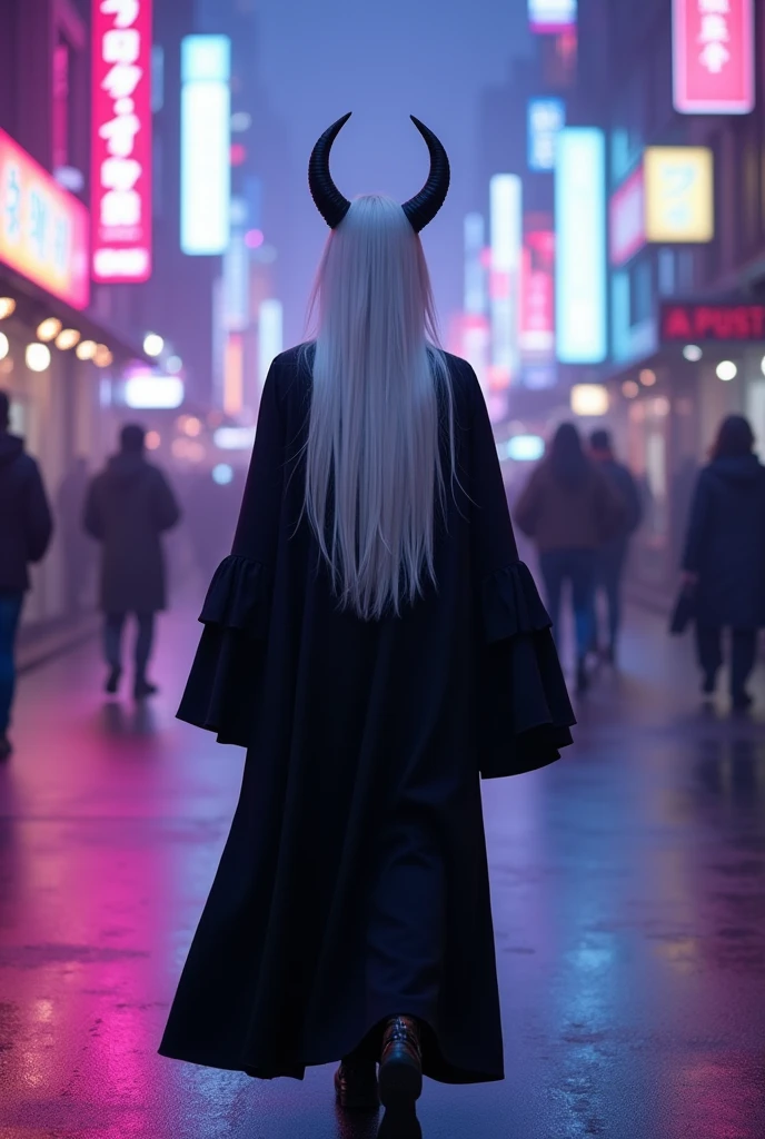 beautiful and scenic photography, full body photo head to toe, woman walking in a city edge, she's wearing a long robe, flared long sleeves, outfit in black and white, white long hair, with downward horns, background is cyberpunk, purple, blue, and pink lights