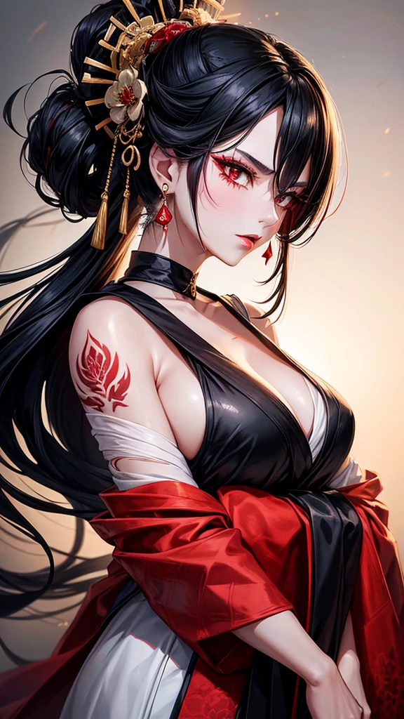“A high-resolution wallpaper featuring a woman with long black hair styled in an updo, illuminated with side lighting that casts half of her face in shadow. She is wearing a white kimono adorned with red floral patterns. Her face, adorned with red eyeshadow and red lipstick, reveals striking red eyes. She has tattoos extending from her face to her arm. She wears traditional hair accessories and earrings. She holds a silver, gleaming katana in front of her face, with the blade catching the light. The overall mood is intense and dramatic.”, Background blur, Character profile,