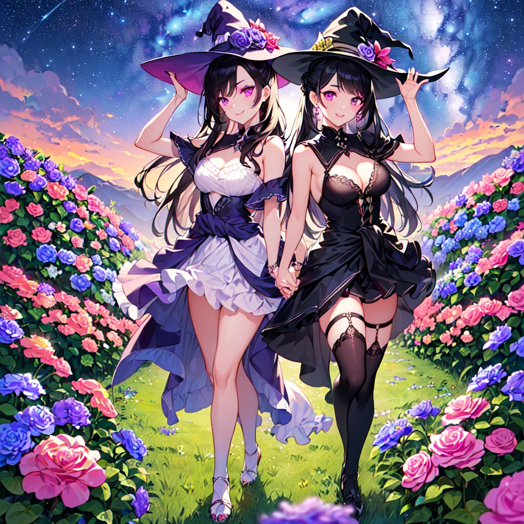 masterpiece, best quality, high quality, extremely detailed, very delicate and beautiful, (3female 18 years old Three:1.5), (long black hair up to waist with two-side up:1.5), bangs to eyebrows, eyes (long black hair up to the waist with two side up: 1.5), (bangs up to the eyebrows), eyes are sharp, strong and glossy, eyebrows are glossy, (eye color magenta: 1.3), 6.5 head tall, (witch fashion: 1.3), knee socks, lace, frills, (makeup: 1.3), (smiling), (standing), (raising her hands to invoke magic), (dynamic pose), (group shot 1.3), (summer flower garden:1.3), , (Milky Way Night Sky:1.3)