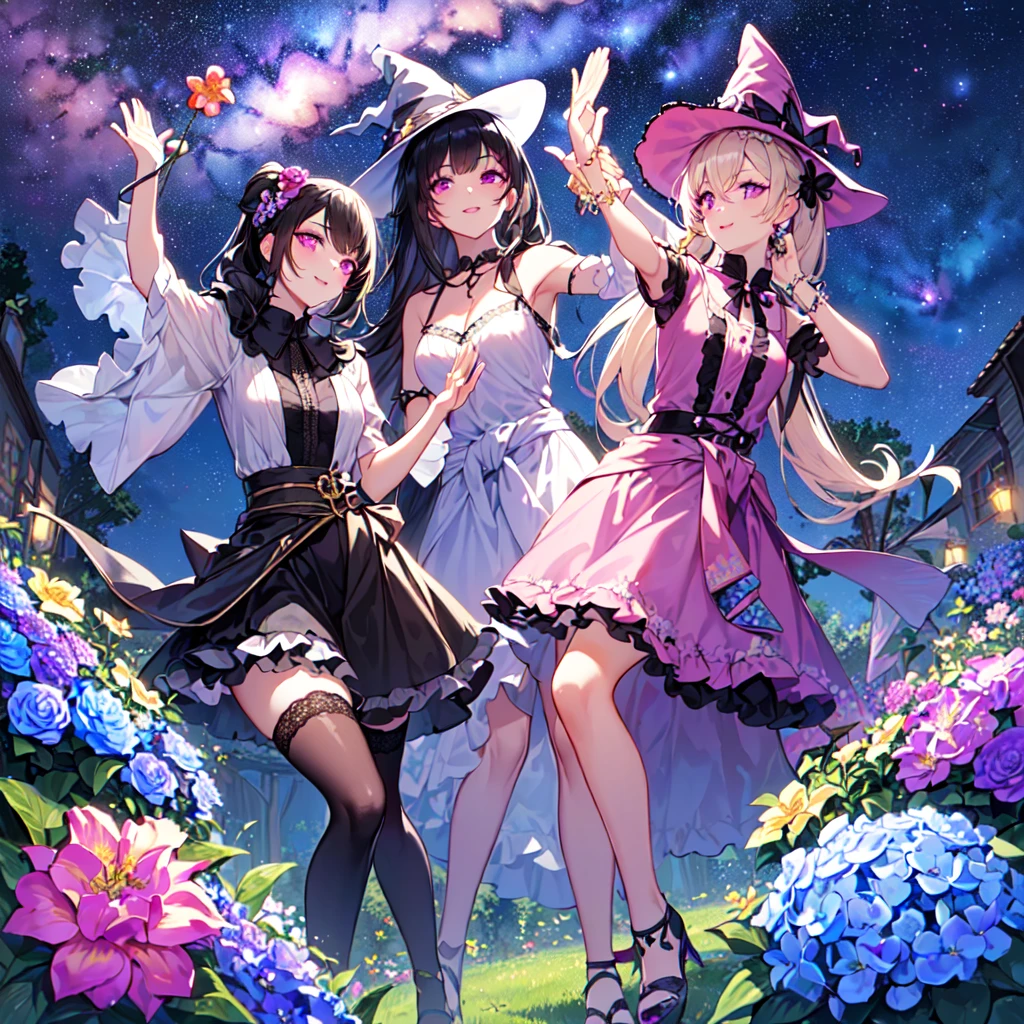 masterpiece, best quality, high quality, extremely detailed, very delicate and beautiful, (3female 18 years old Three:1.5), (long black hair up to waist with two-side up:1.5), bangs to eyebrows, eyes (long black hair up to the waist with two side up: 1.5), (bangs up to the eyebrows), eyes are sharp, strong and glossy, eyebrows are glossy, (eye color magenta: 1.3), 6.5 head tall, (witch fashion: 1.3), knee socks, lace, frills, (makeup: 1.3), (smiling), (standing), (raising her hands to invoke magic), (dynamic pose), (group shot 1.3), (summer flower garden:1.3), , (Milky Way Night Sky:1.3)