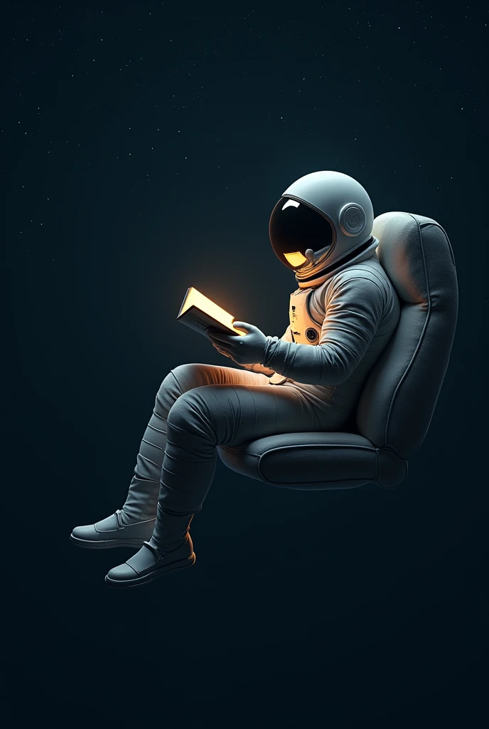 An astronaut sits on a floating chair and reads a book. The astronaut's face is a reflection. The chair has no backrest, so it is invisible.