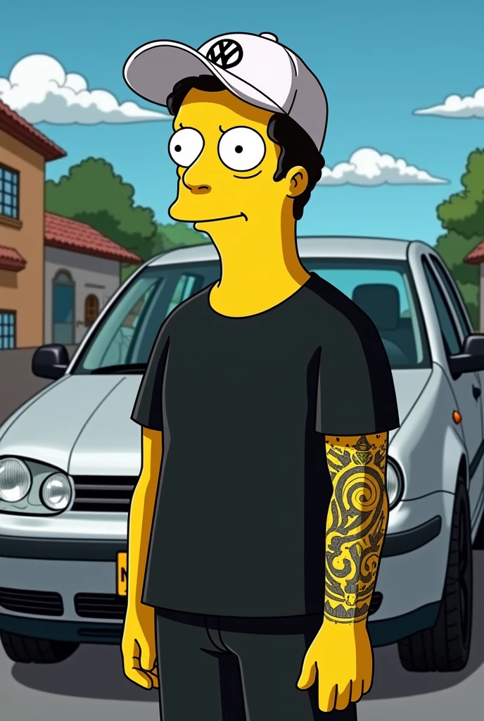 Simpsons poster young beardless man dressed in black with a white Volkswagen cap with only his left arm tattooed and in the background a silver-gray Volkswagen Jetta Jetta mk4 bora a4 2004 with black rims and with a yellow Colombian license plate CVV976 in the Simpsons background
